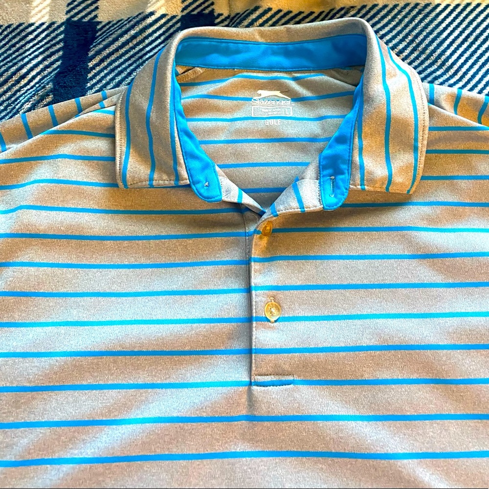 Slazenger brand golf polo shirt size large. Gray and bluish stripes
